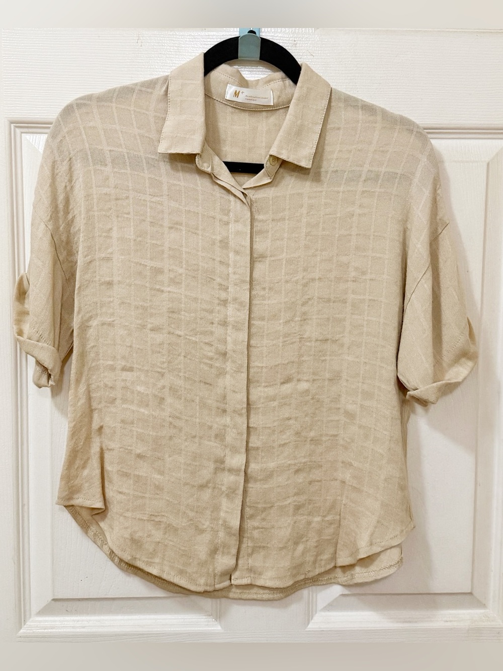 New Linen beige M+ textured button-down shirt